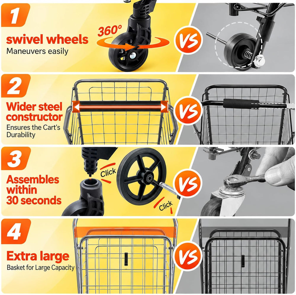 Wellmax Grocery Cart & Folding Shopping Cart with Wheels, 66 lb Max, Medium