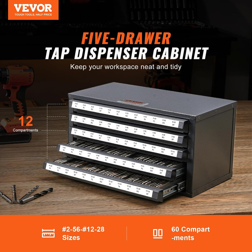 VEVOR Five-Drawer 2-56-#12-28 Steel Dispenser Organizer Labels, 60-Compartmen...