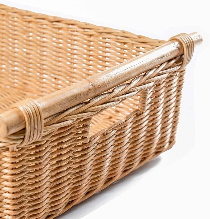 The Basket Lady Low Pole Handle Wicker Storage Basket, 19.5 in L x 12.5 in W x