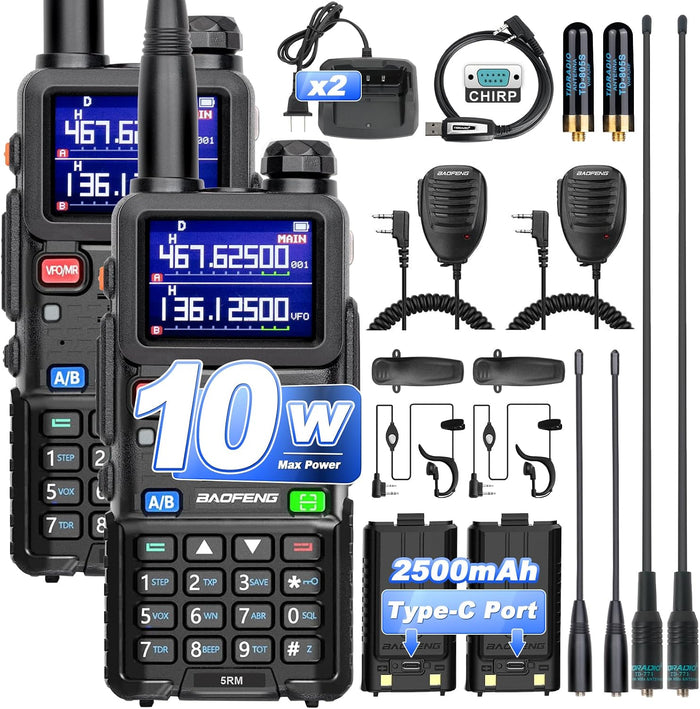 BAOFENG 5RM 10W Ham Radio Handheld Long Range Two Way Radio,NOAA Weather Receiver,UV-5RM Walkie Talkies with USB-C Charging,Speaker MIC,Programming Cable and Long Antenna, 2 Pack Full Kits