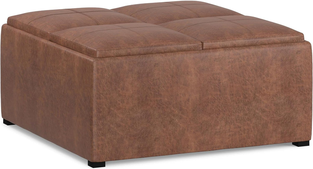 SIMPLIHOME Avalon 35" Wide Vegan Leather Storage Ottoman in Umber Brown