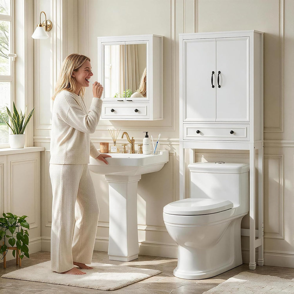 Spirich Over The Toilet Storage Cabinet with Doors and Tilt-Out Cube, White