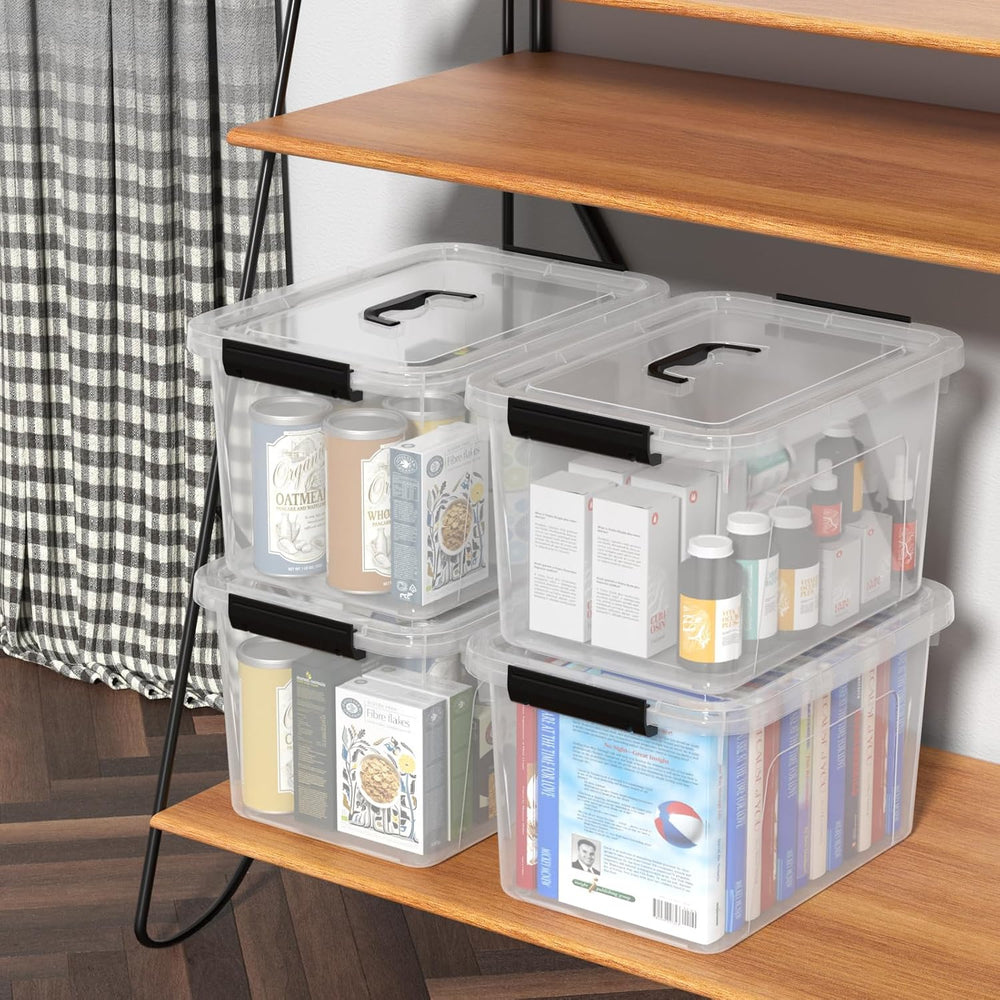 Plastic Storage Boxes with Lids, 4-Pack 18L Clear Latching Bins