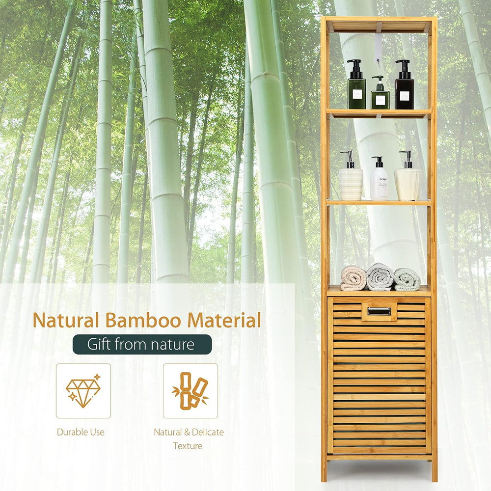4 Tier Bamboo Shelves with Tilt Out Laundry Hamper, Freestanding Storage Shel...