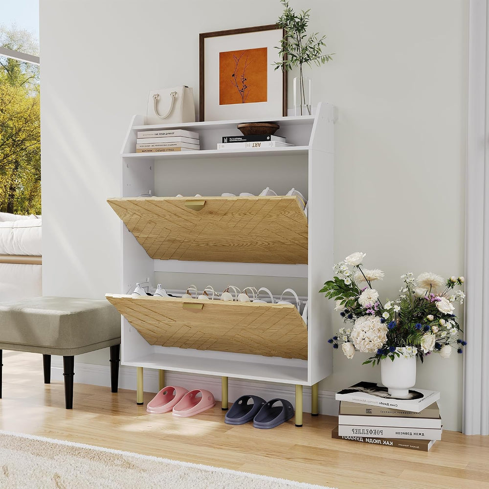 Slim Wood Color Shoe Cabinet, 2-Drawer Shoe Storage Organizer with Adjustable...