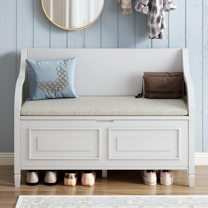 42" Rustic Storage Bench Entryway Bench Shoe Cabinet Ottoman (White)