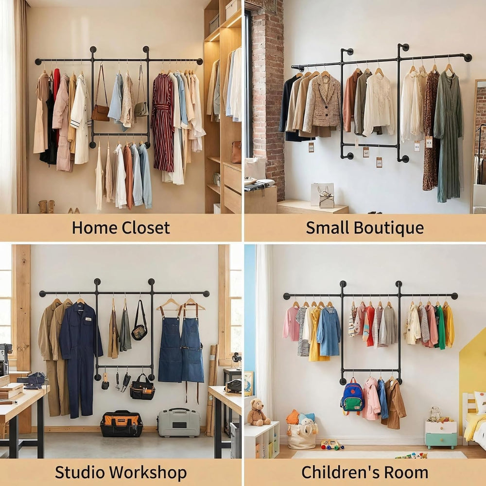 Industrial Pipe Clothing Rack, Hanging Garment Rack, Wall Mounted Pipe Clothe...
