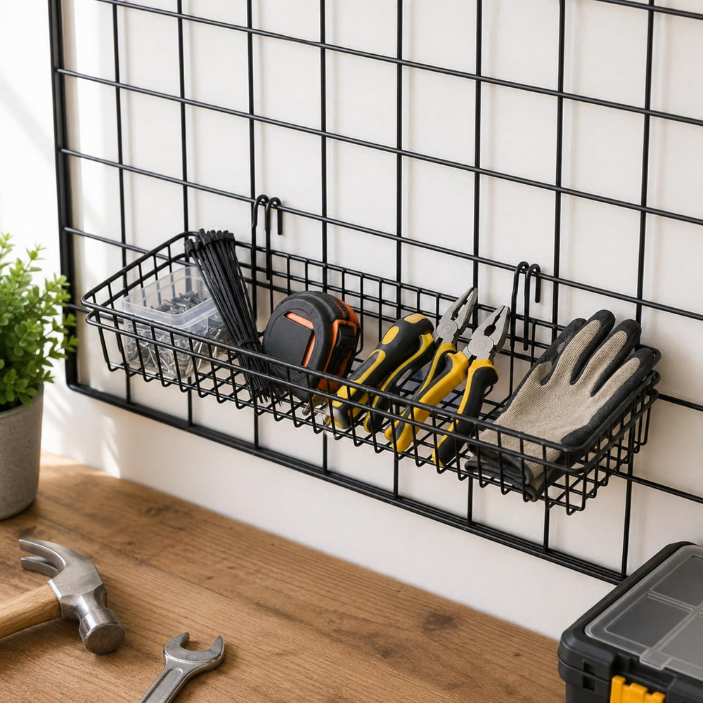 ANZOME Grid Wall Baskets, 4 Pack Black Wire Mesh with Hooks