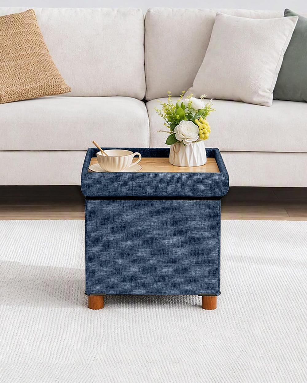 B FSOBEIIALEO 15" Square Storage Ottoman with Tray, Wood Legs, Linen Blue