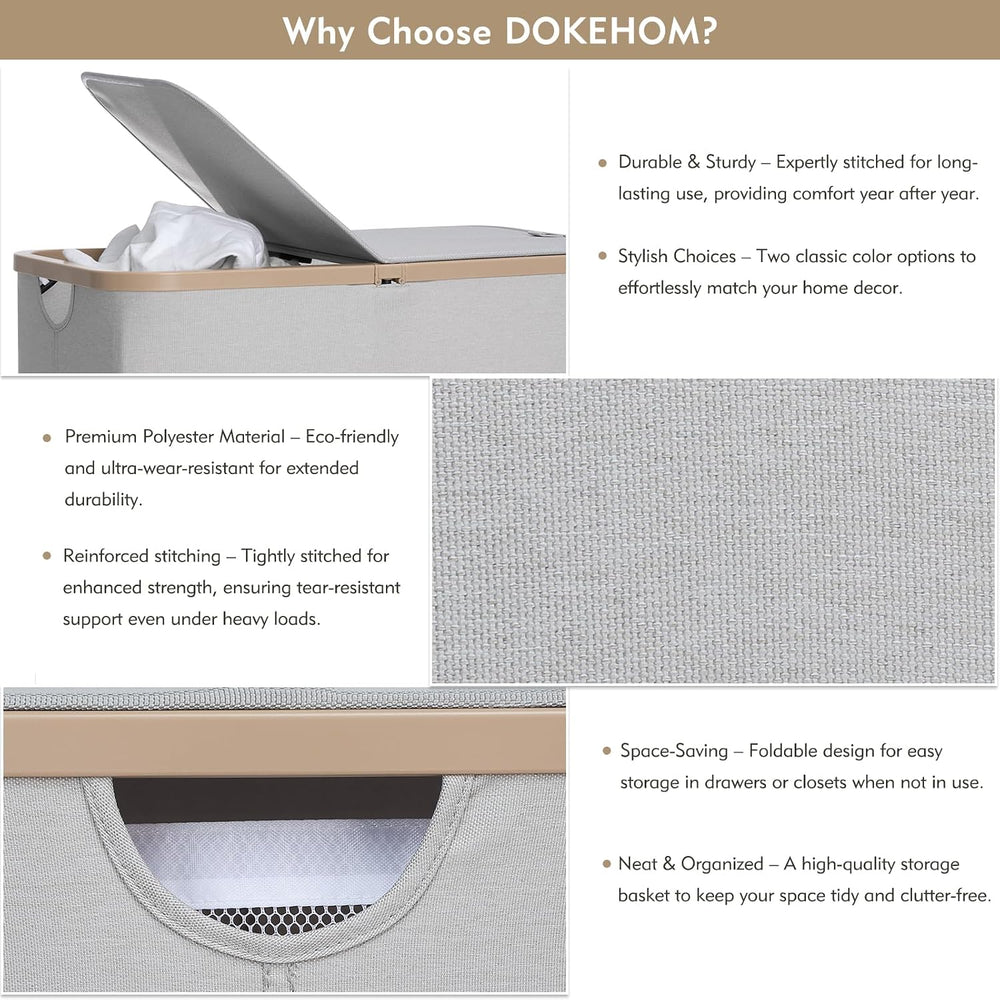 DOKEHOM 160L Double Laundry Basket Hamper with Lid & Removable Bags, Grey