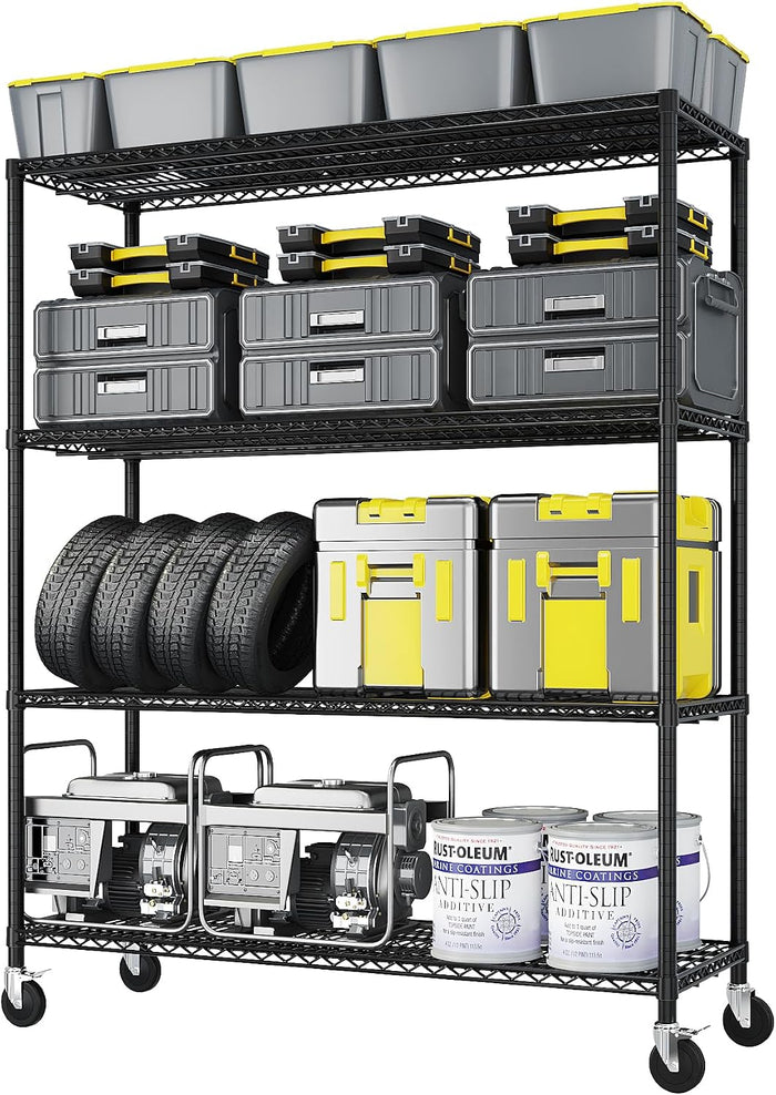 4 Tier Storage Racks Shelving, Heavy Steel Pantry Shelves, Adjustable Wire Shelving Rack with Wheels, Suitable for Garage, Kitchens, Bathroom, Offices, 55" W x 23.6" D x 75.6" H, Black