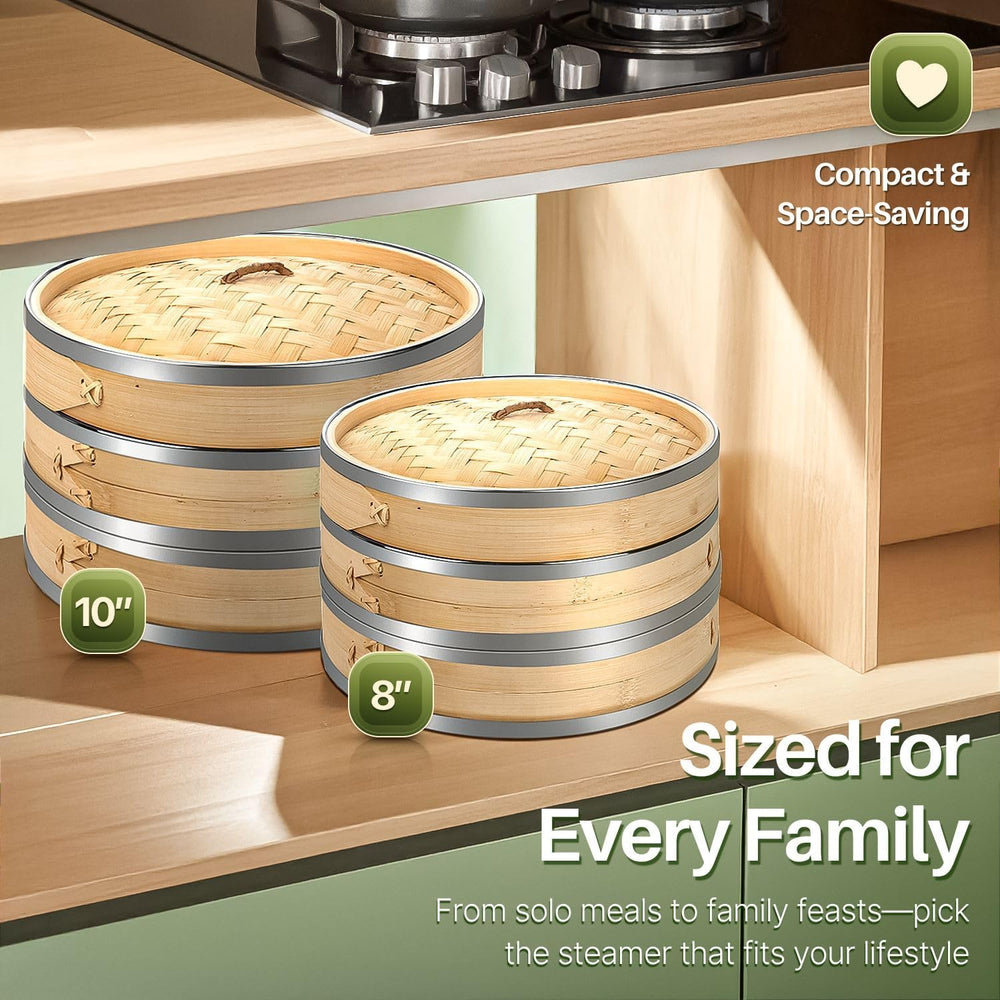 Flexzion 10-Inch Bamboo Steamer Basket Set with Stainless Steel Banding