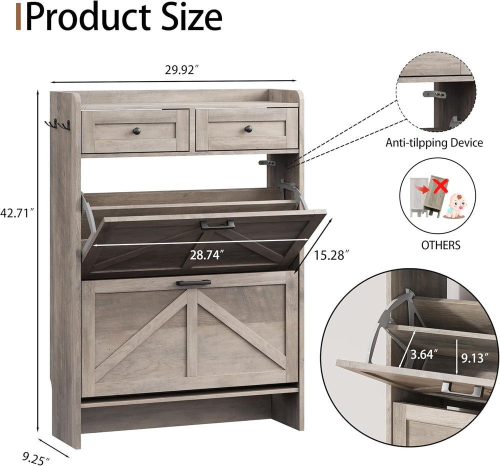 Shoe Cabinet with 2 Flip Drawers & 2 Top Drawers, 43" Tall Freestand...