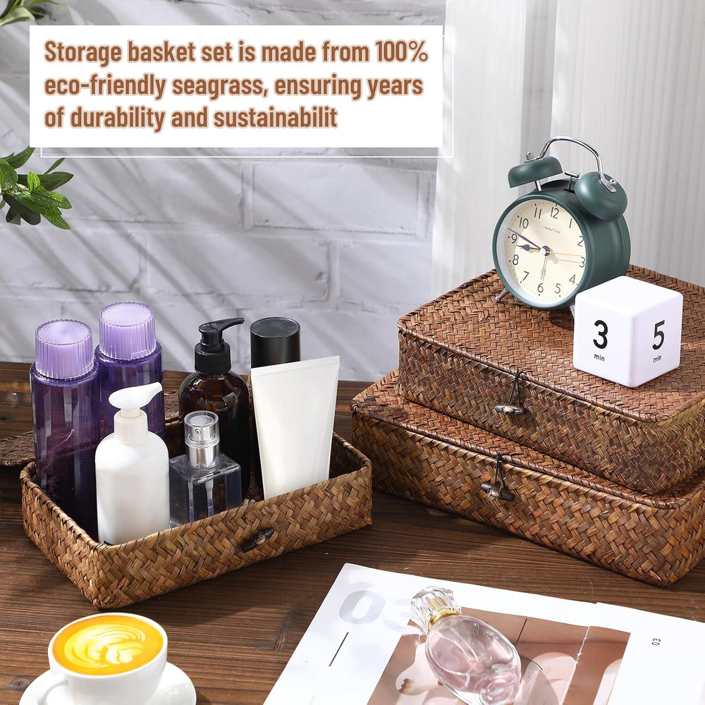 Didaey Set of 4 Seagrass Basket with Lid Wicker Storage Basket Decorative Sto...