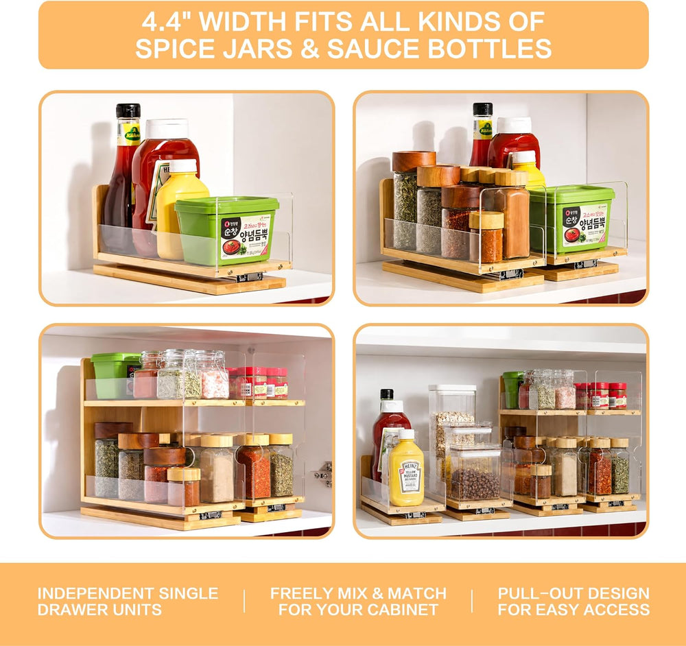 Bamboo 2-Tier Pull Out Spice Rack Organizer for Cabinet, 4.4" W Slide-Ou...