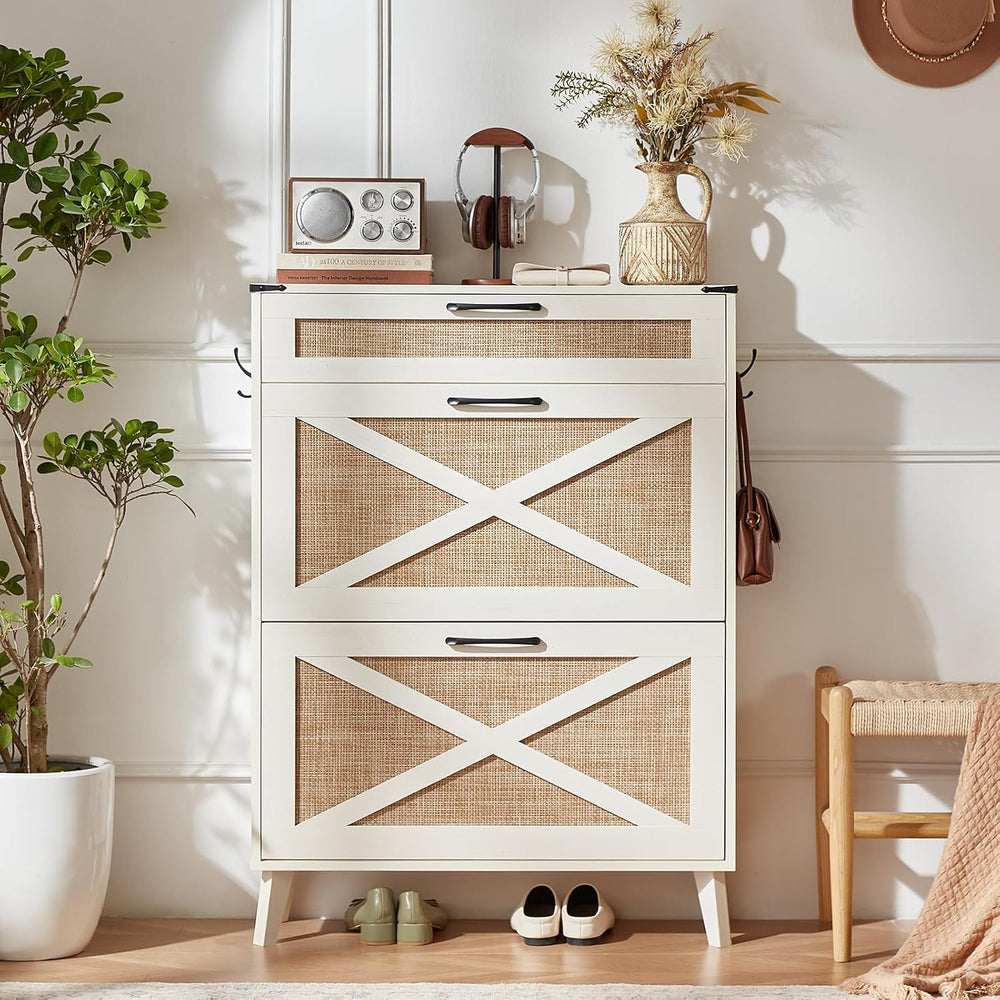 LEYAOYAO Rattan Shoe Cabinet Storage for Entryway with 2 Flip Drawers