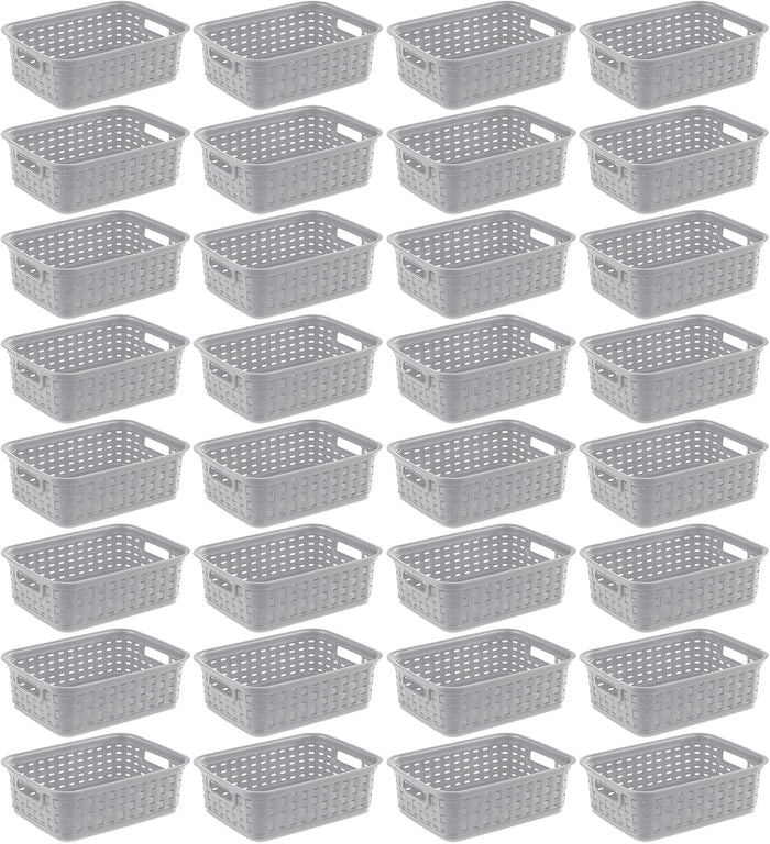 Sterilite 11 Inch Small Weave Open Bin Wicker Storage Basket Home Organizer Tote for Countertops, Bookshelves, and Closets, Cement, 32-Pack