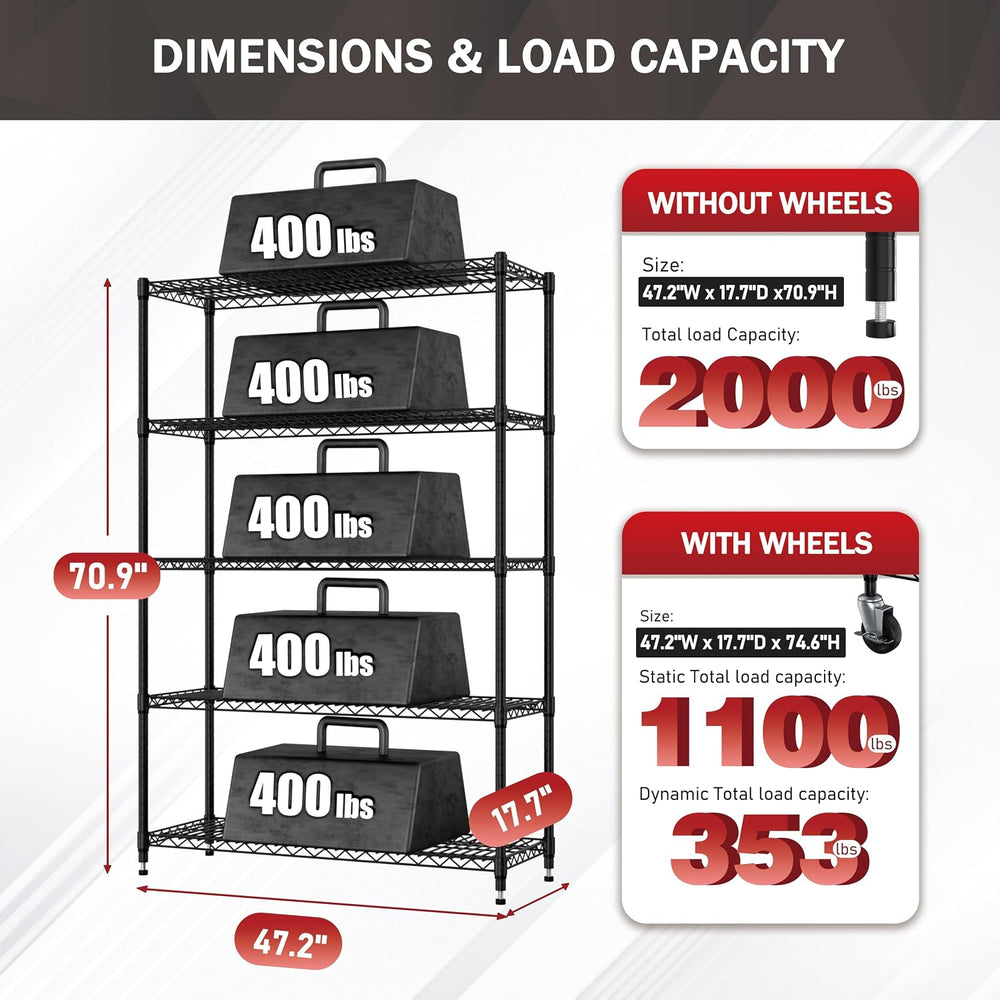 Yardenaler 5-Tier Heavy Duty Steel Wire Shelving Unit with Wheels, Adjustable...