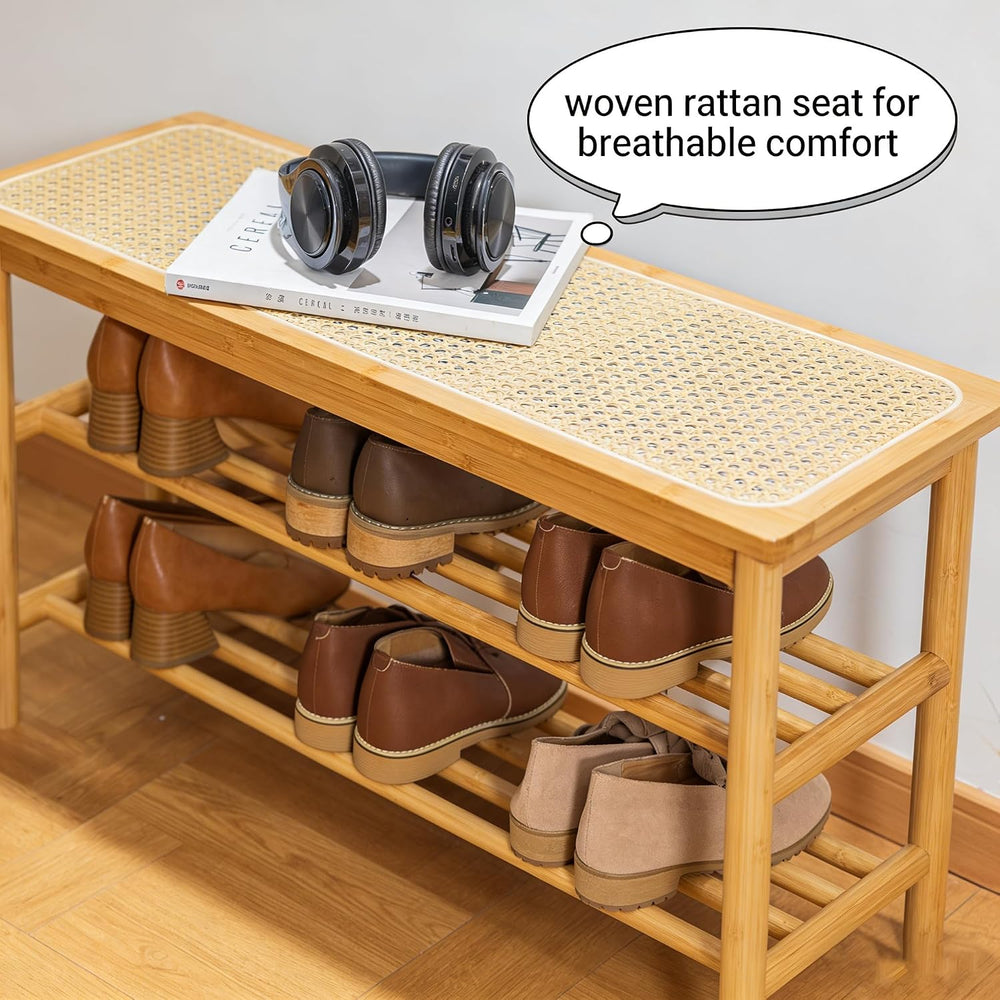 latifolia Shoe Rack Bench, 3-Tier Bamboo Shoe Bench with Breathable Rattan Se...