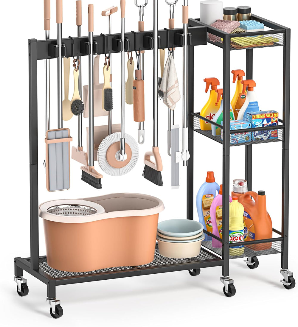 Broom Holder with Cleaning Supplies Organizer, Broom Closet Storage Cabinet w...