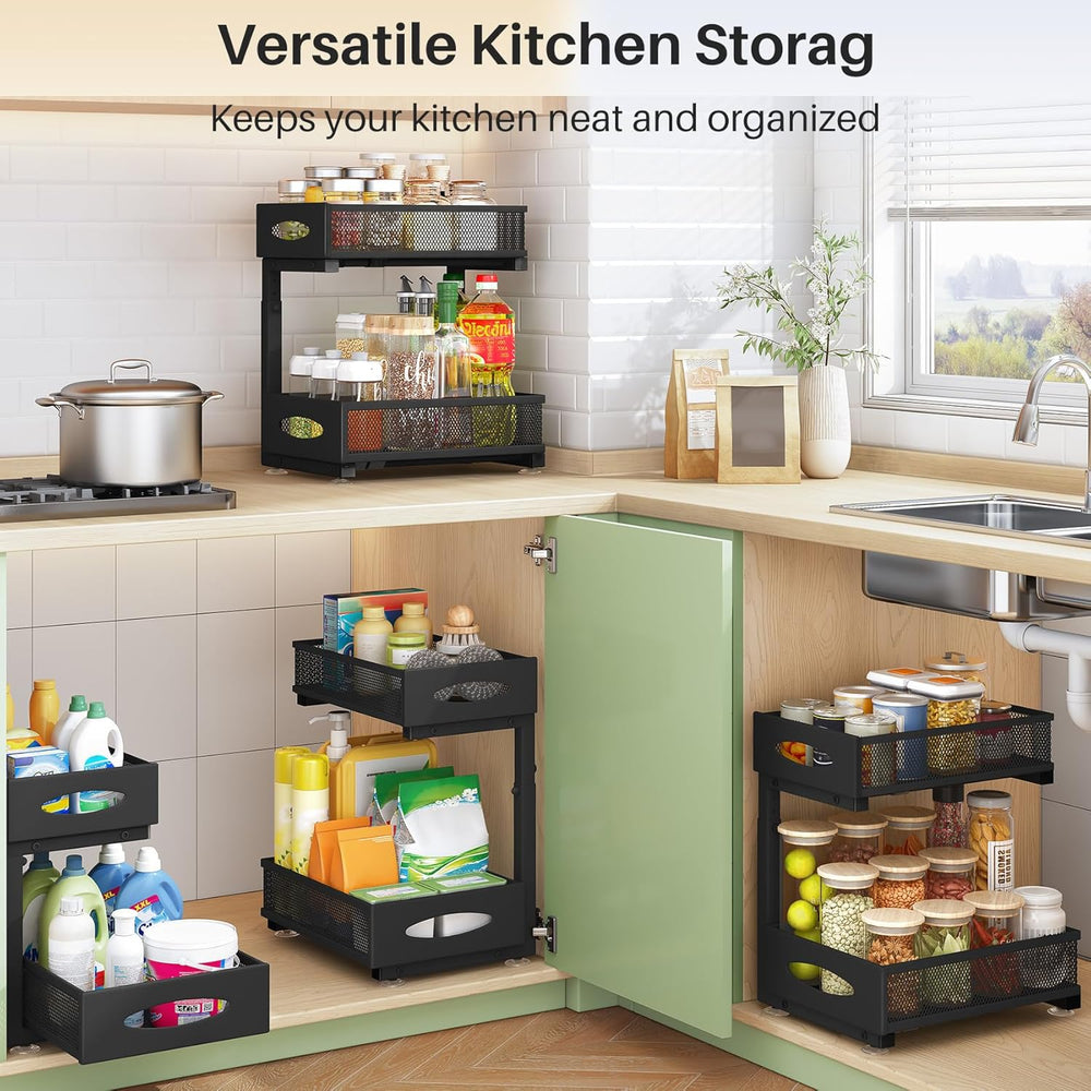 Under Sink Organizer, 2 Pack 2 Tier Pull out Cabinet Organizer Baskets with M...