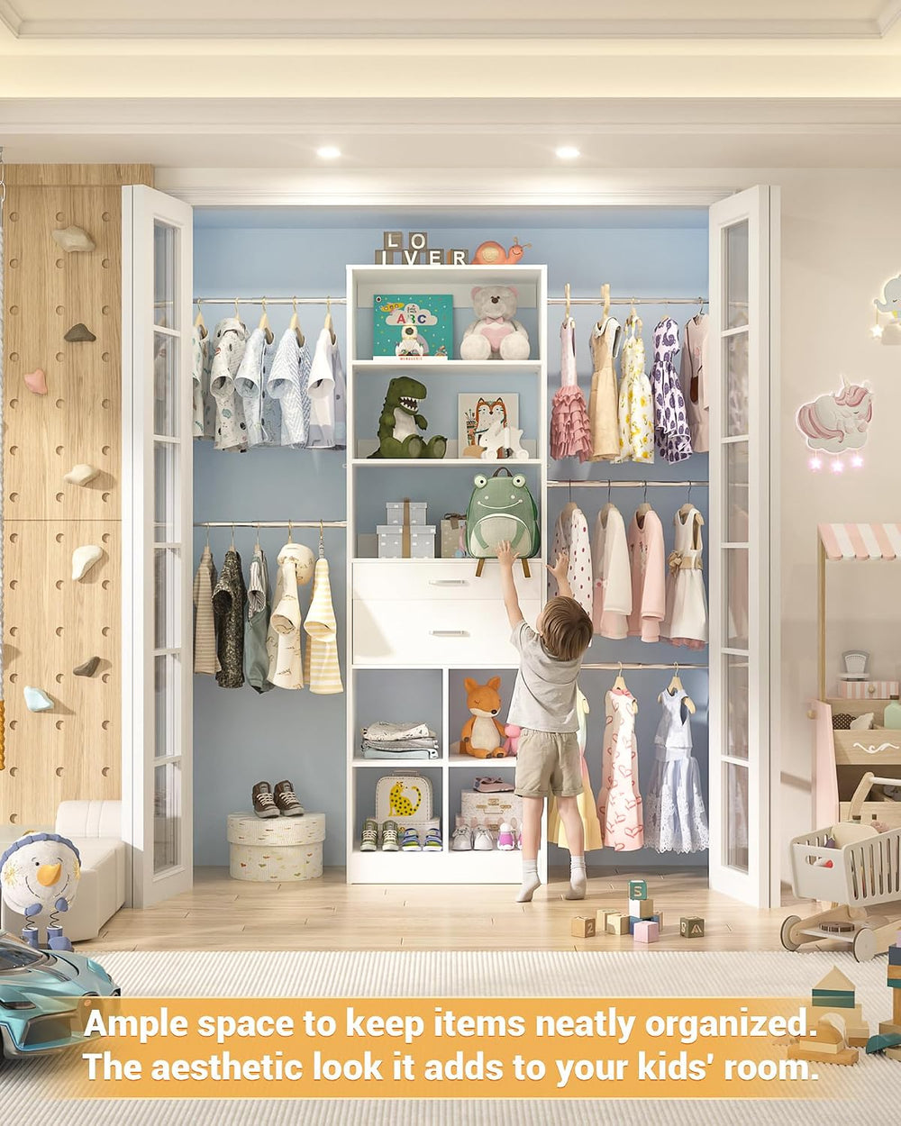 Besiost Small Closet System, 3.2-6.8FT Small Closet Organizer with 2 Wooden D...