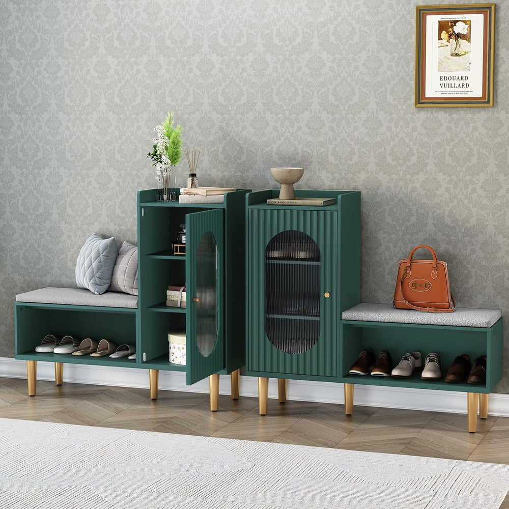 HLR Storage Bench Set of 2, Green Modern Entryway Shoe Cabinet Bench with Gla...