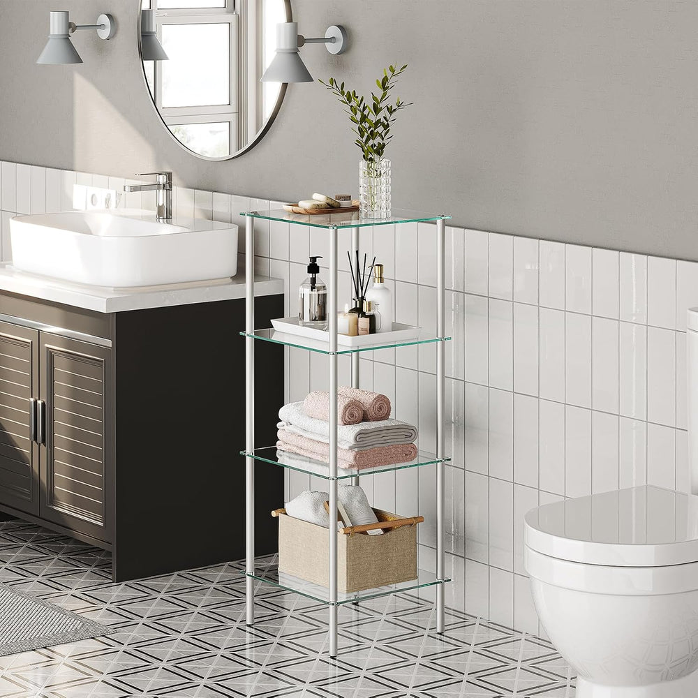 HOOBRO Glass Shelf, 4 Tier Bathroom Standing Shelf Unit, Tempered Glass Shelv...