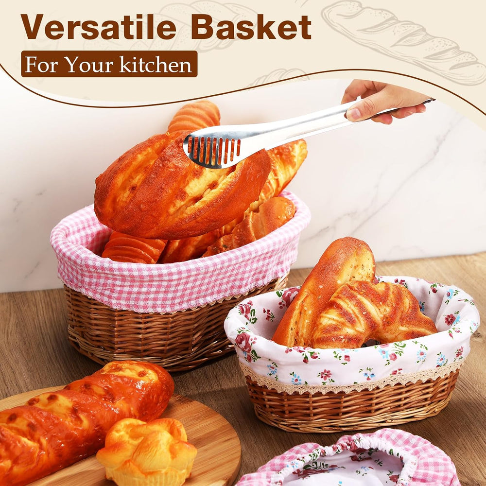 Qinyoung 2 Sets Wicker Bread Baskets with Liner and Tong, Fresh Style