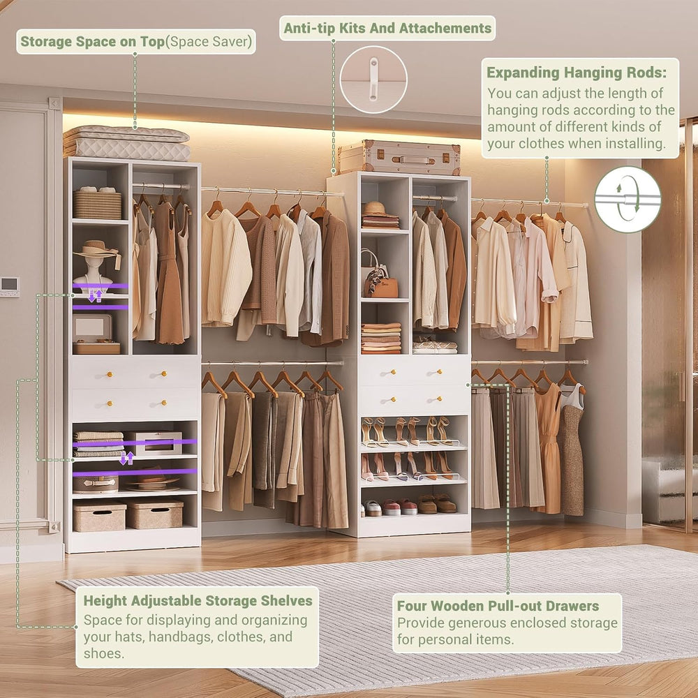 Besiost Closet System, Up to 134"/11.2 FT Closet Organizer with 4 Wooden...