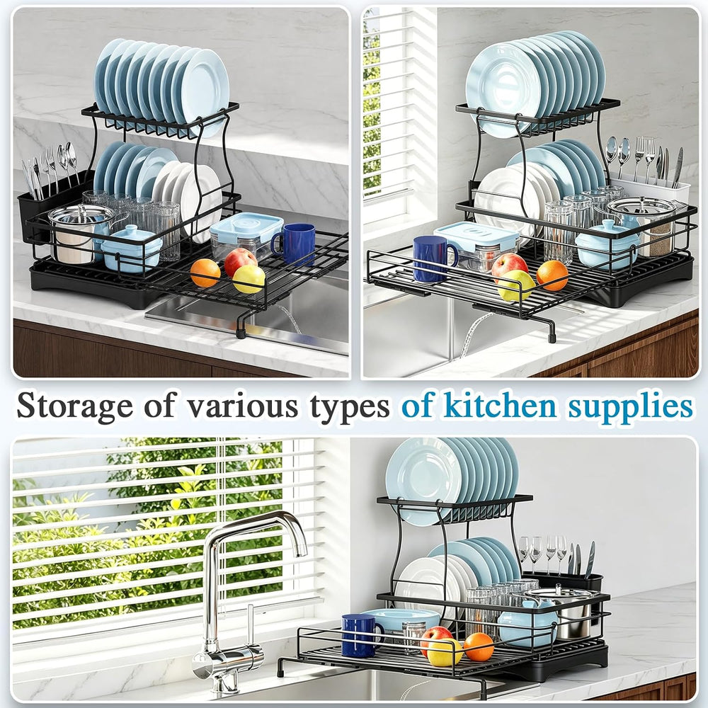 2 Tier Dish Drying Rack, Large Extendable Dish Racks for Kitchen Counter , Di...