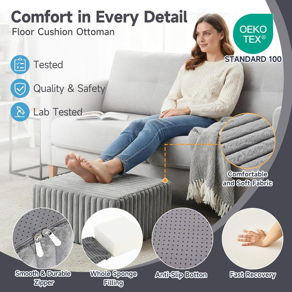 Tiita Square Stuffed Pouf Ottoman, Soft Foot Stool with Solid Foam Block