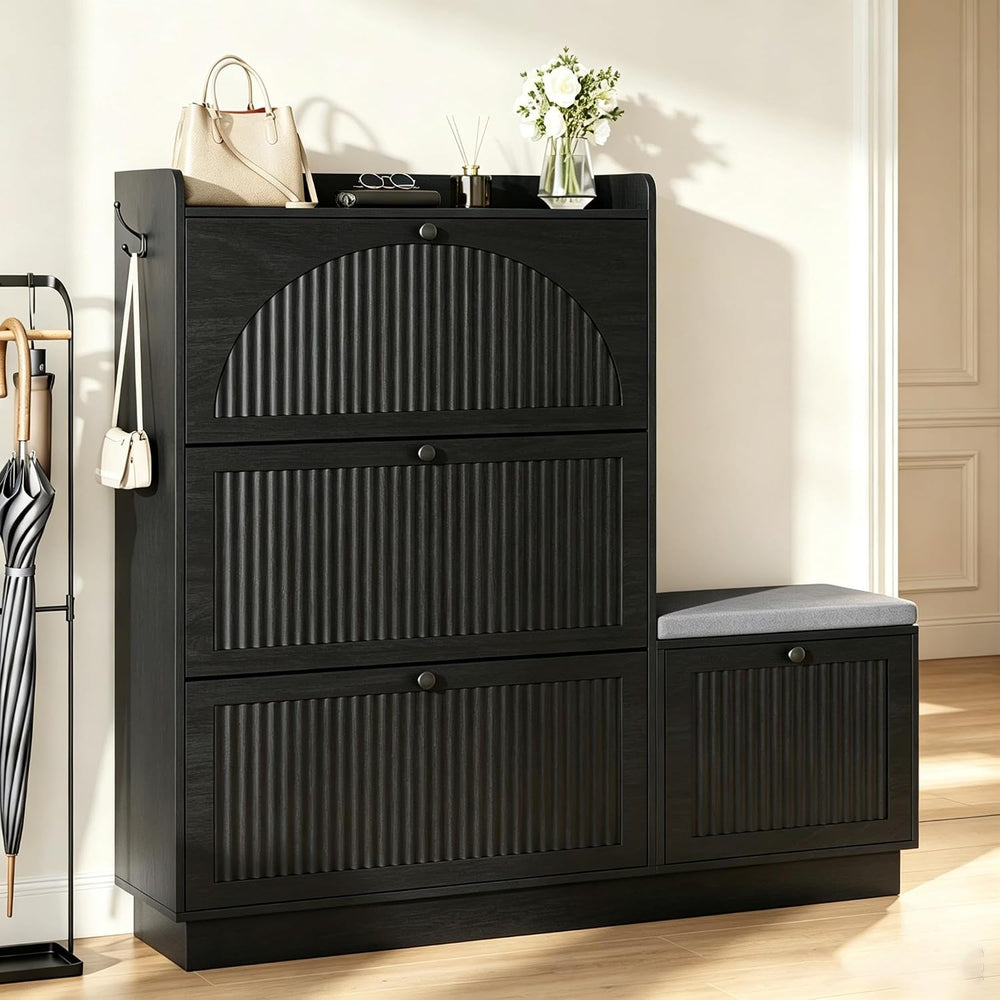 Shoe Storage Cabinet for Entryway with 4 Flip Drawers & Bench (Black)