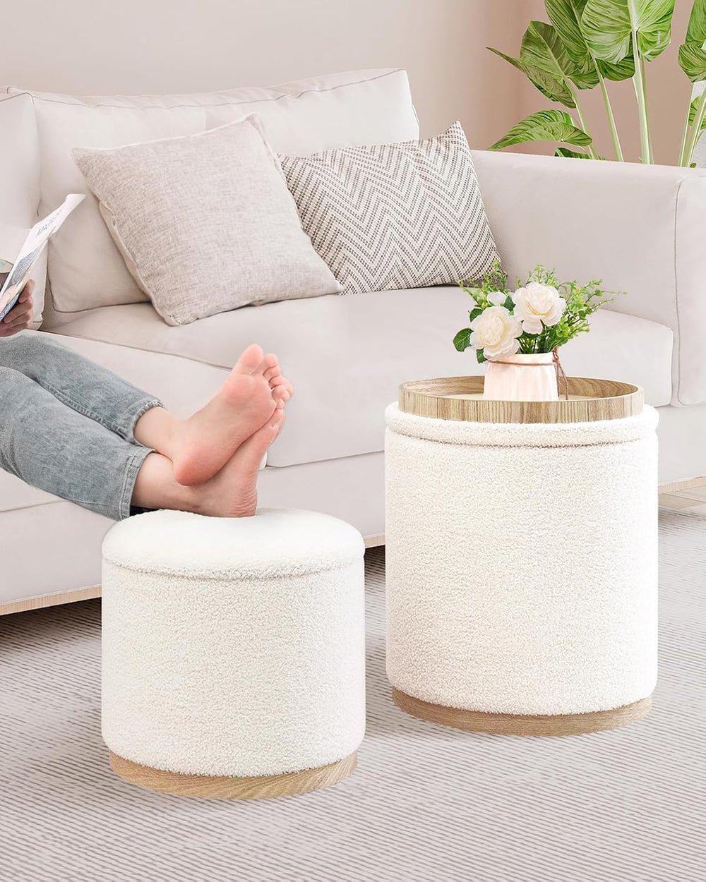 B FSOBEIIALEO 15" Boucle Storage Ottoman with Tray, Cream White, Set of 2