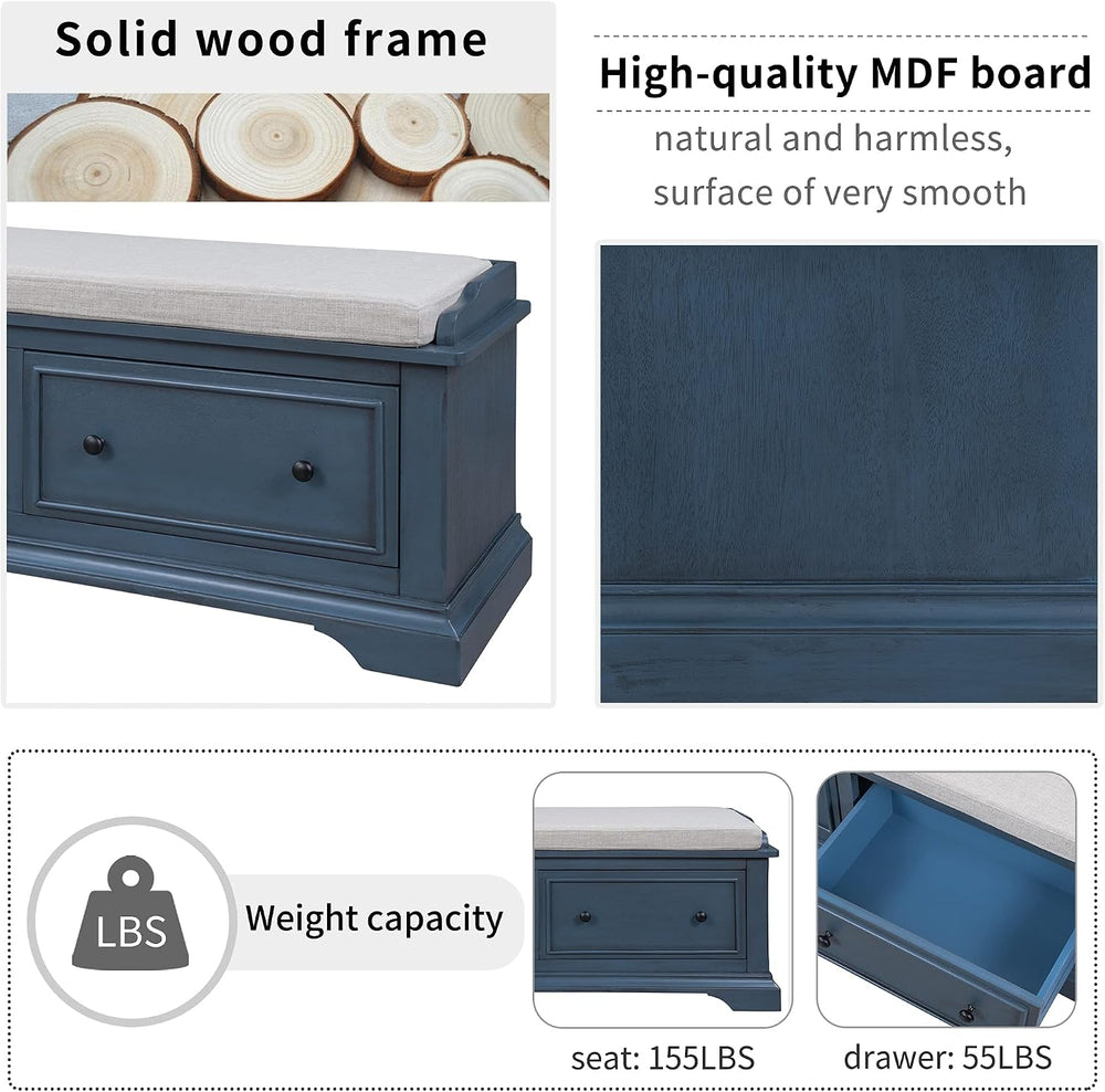 Storage Bench,Solid Wood Shoe Bench with Two Large Drawers and Removable Cush...