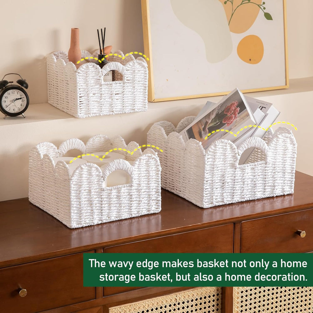 OIAHOMY Scalloped Wicker Baskets, Hand-woven Storage Baskets with Built-in Ha...