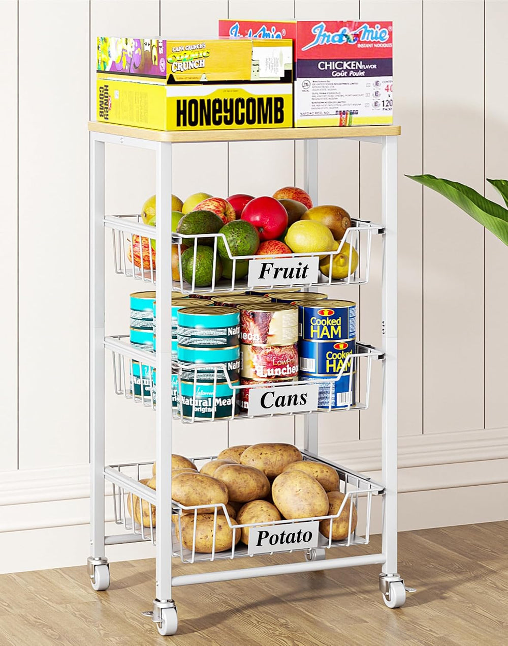OKZEST 4-Tier Kitchen Storage Cart with 3 Upgraded Drawer Basket & Wood Top