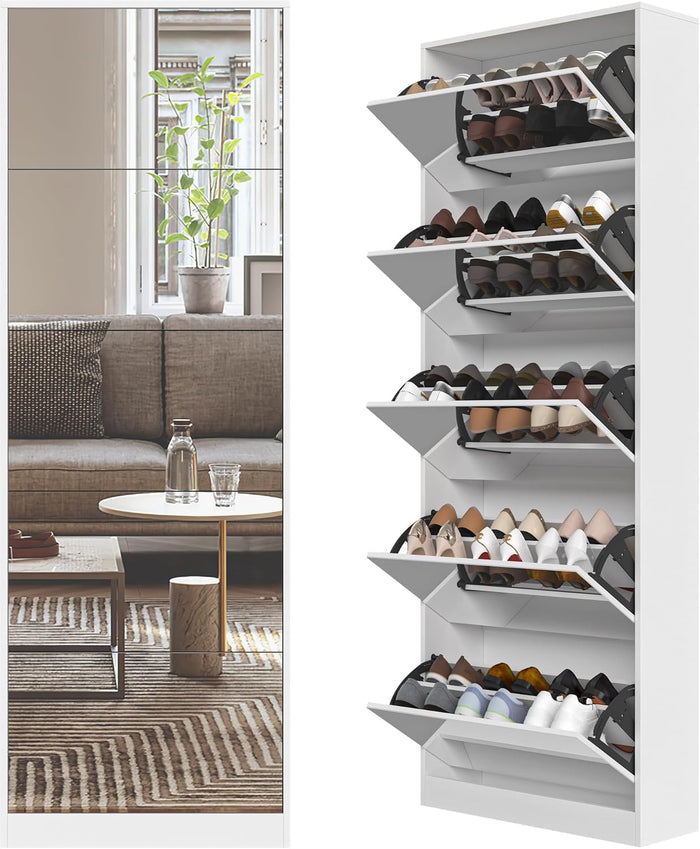 Mirrored Shoe Storage Cabinet with 5 Flip Drawers, 30 Pairs