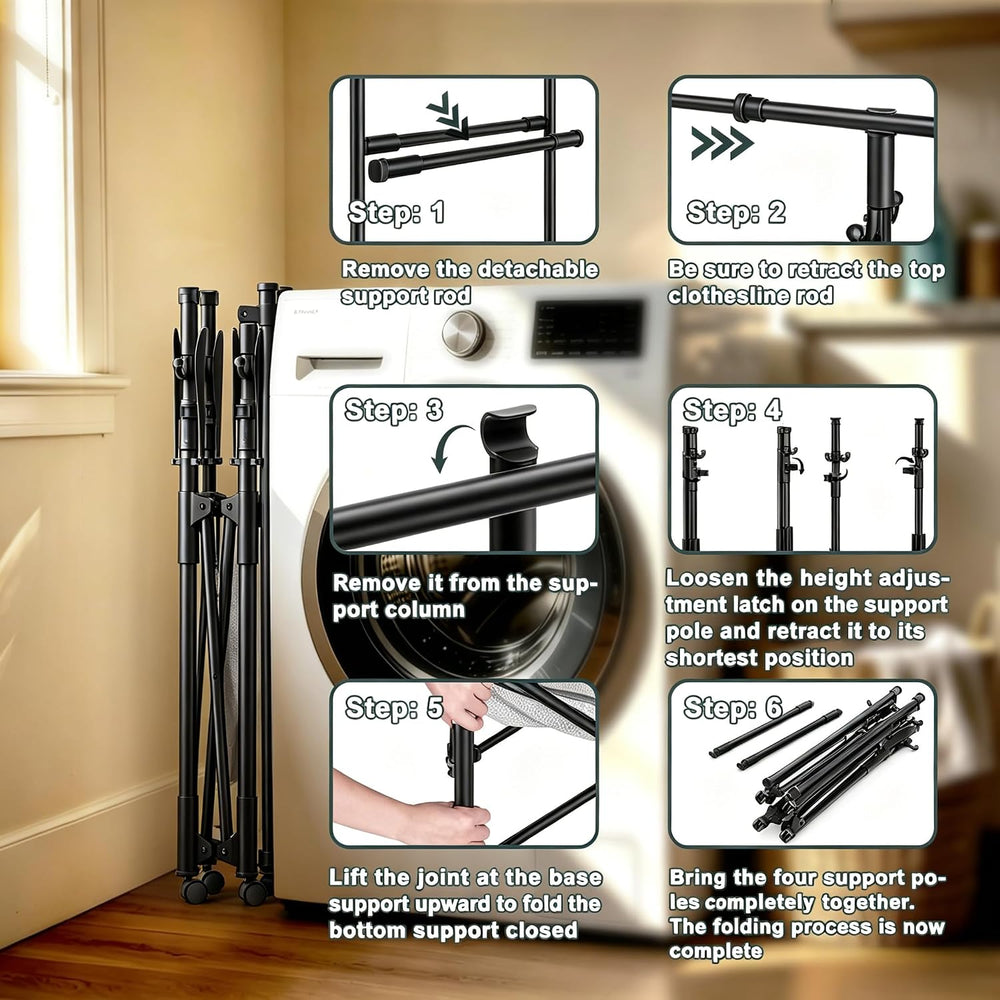 Foldable Collapsible Rolling Clothes Drying Rack,Adjustable Double Rods Laund...