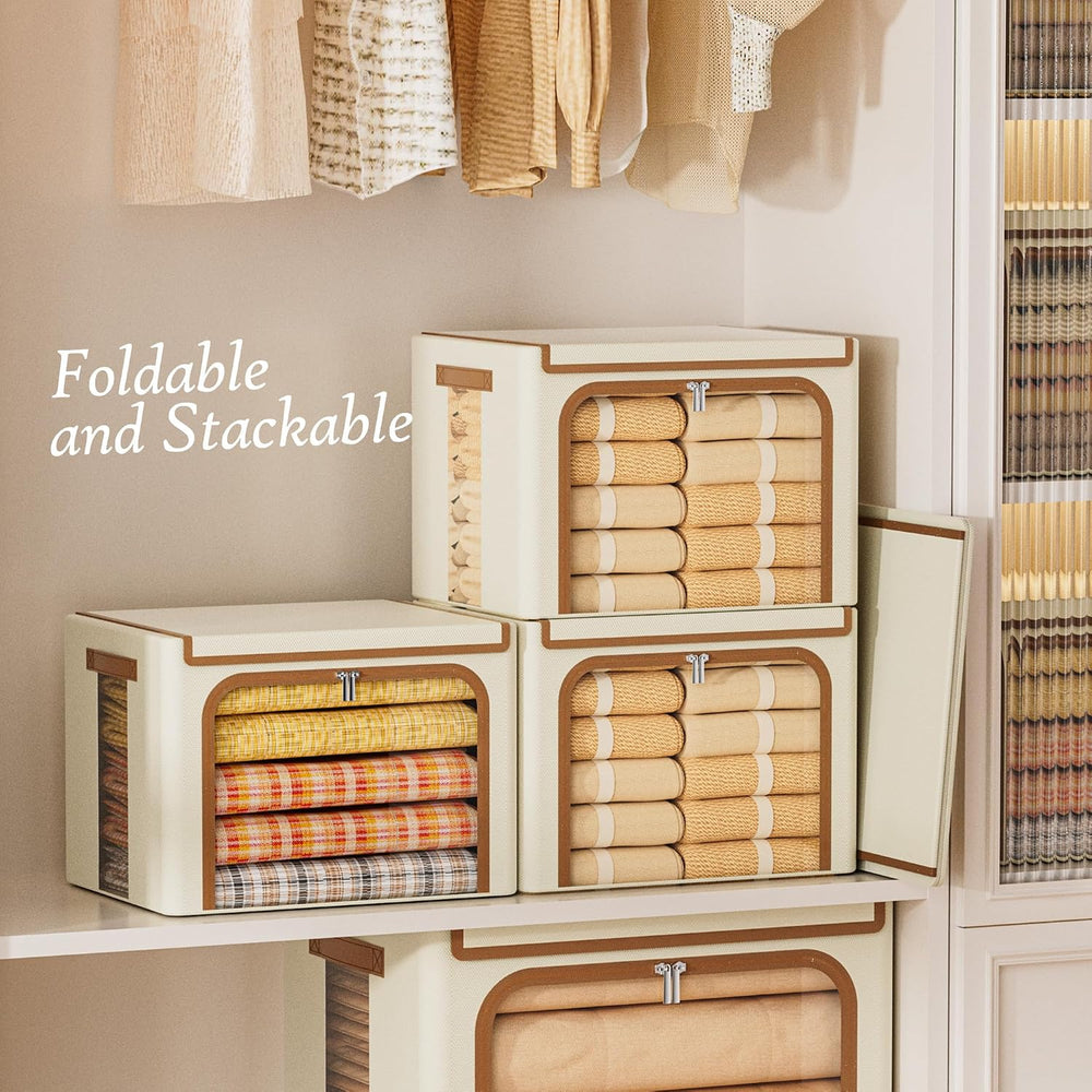Yecaye Foldable Large Clothes Storage Bins with Lid, Beige, 66L, 3 Pack