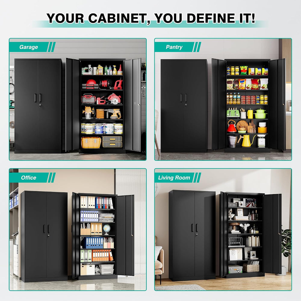 SISESOL Metal Storage Cabinet with 2 Doors and 6 Shelves,Black Metal Cabinet ...