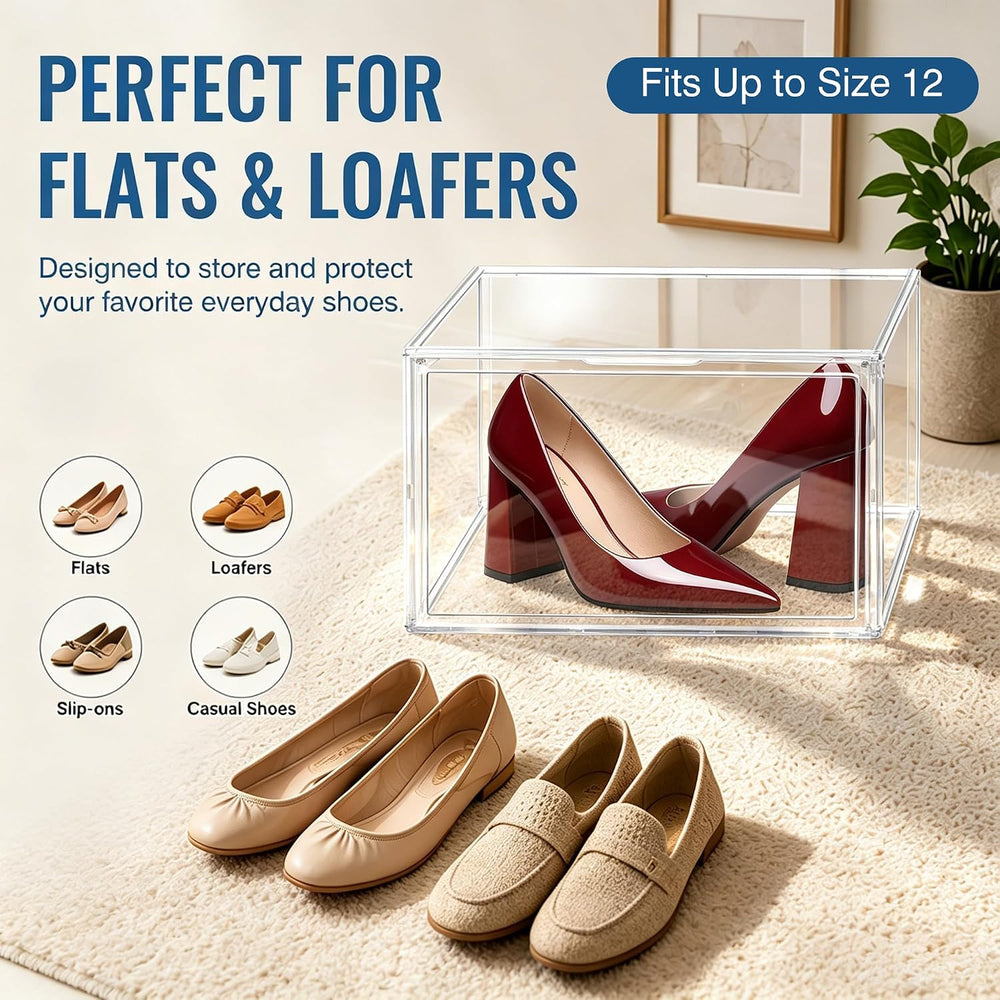 12 Pack Low Profile Clear Shoe Storage Box for Flats,Loafers,Heels