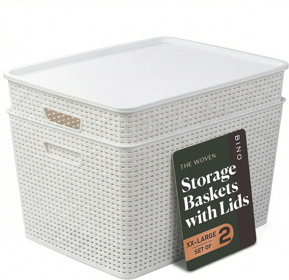 BINO | Plastic Storage Baskets with Lids, 45 Liter - 3 Pack, White | THE WOVE...