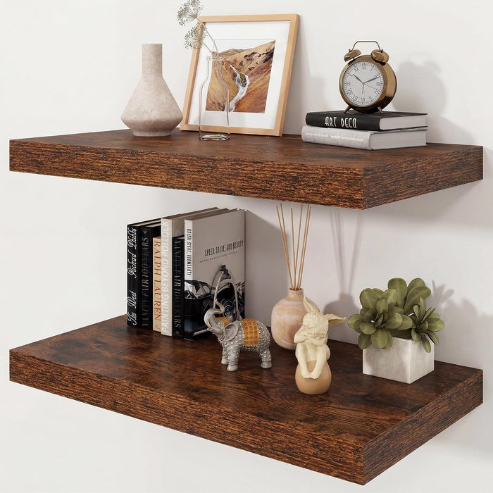 24" Rustic Brown Floating Shelves 12inch Deep Wall Shelf, Set of 2