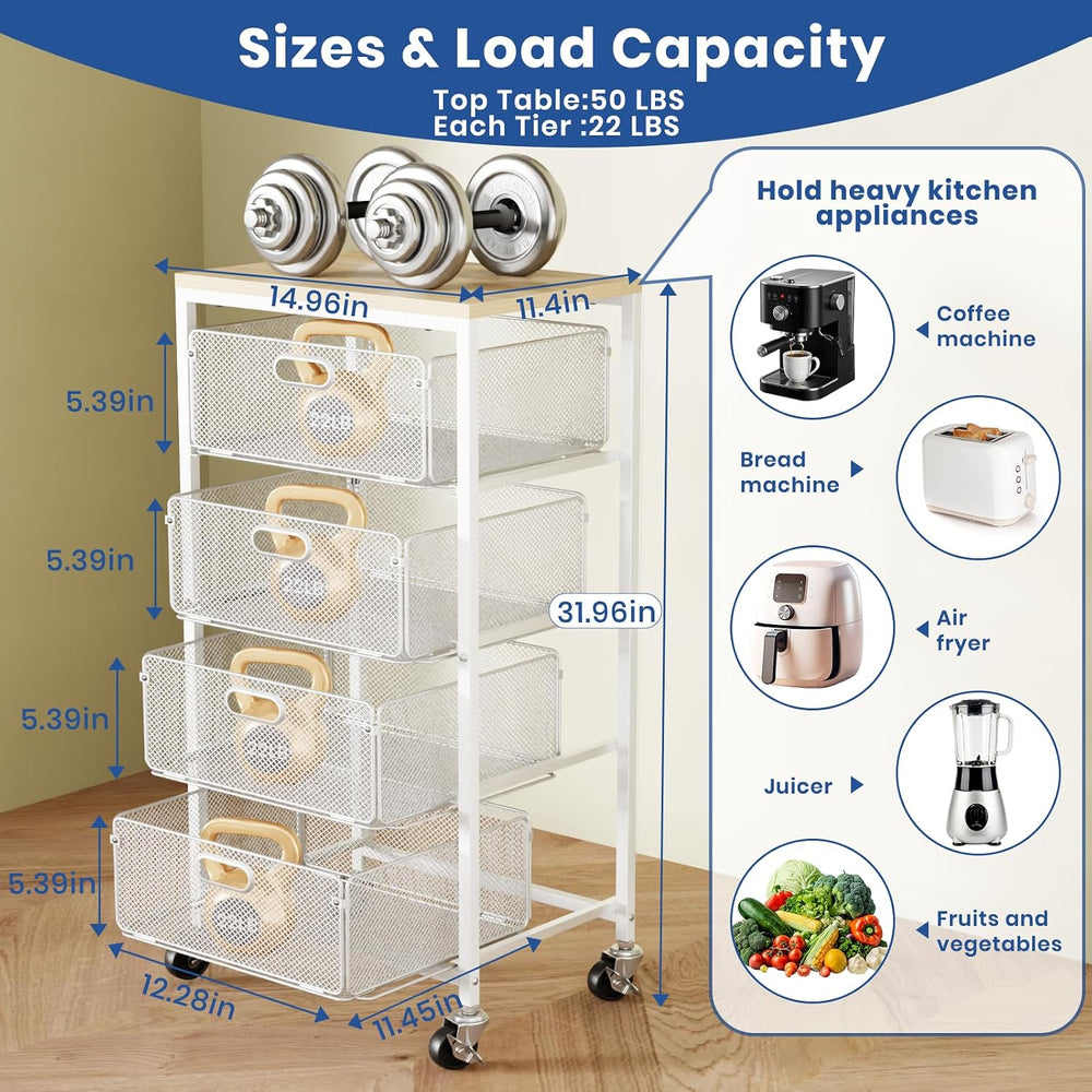 Kitchen Cart with Drawers, Lockable Wheels with Wooden Top, White