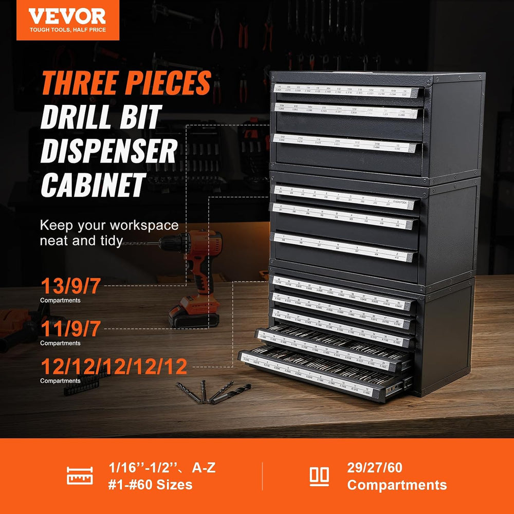 VEVOR Drill Bit Dispenser Cabinet Set, Three-Drawer for 1/16" to 1/2&quo...