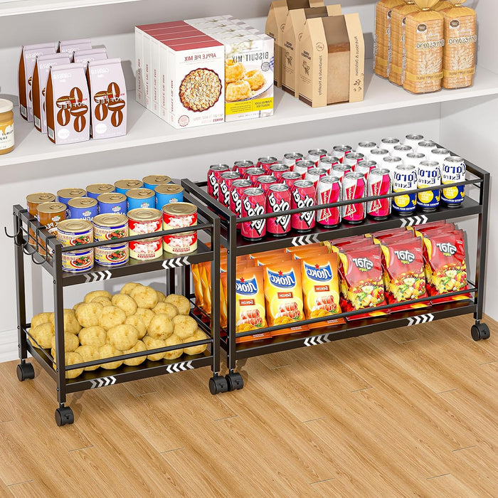 1 Pack 2-Tier Expandable Pantry Floor Organizer Cart, Rolling Pantry Storage Cart with Wheel, Adjustable Can Organizer for Kitchen Pantry, Pantry Shelves and Storage Rack for Snacks, Vegetables, Black