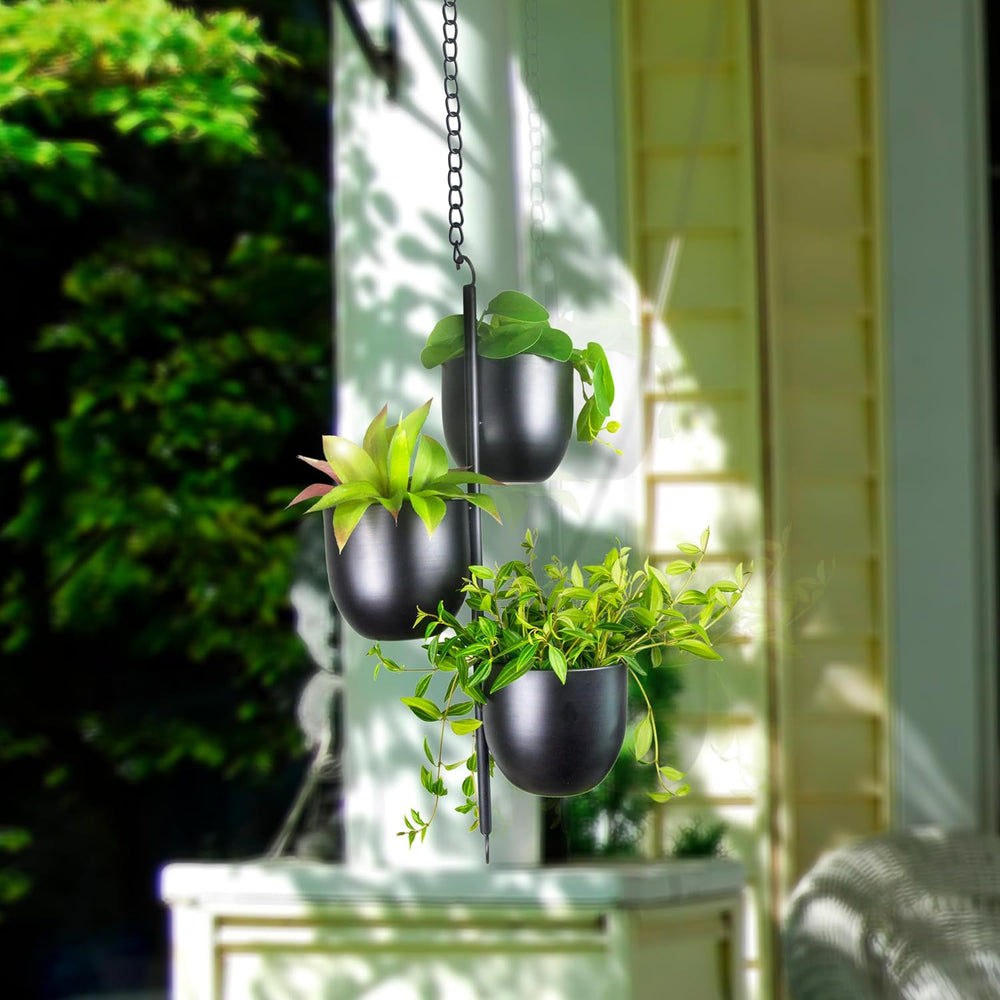 3-Tier Metal Hanging Planter with 6 Inch Oval Pots - Black Modern Triple Tier...