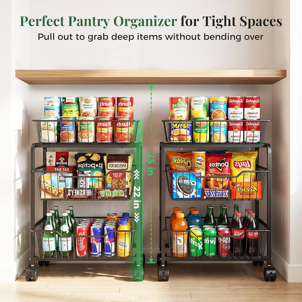 3-Tier Pull-Out Rolling Pantry Floor Organizer and Storage Cart with Wheels