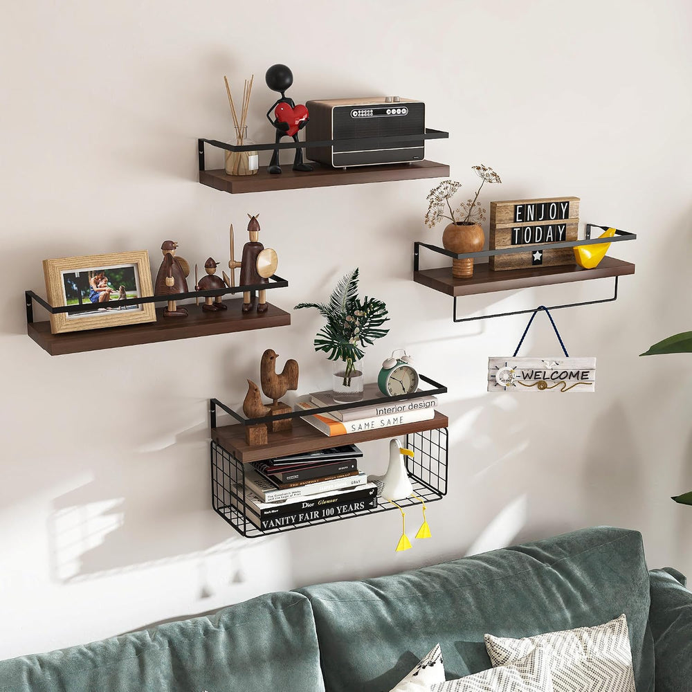 Bathroom Floating Shelves Wall Mounted - 4+1 Tier Rustic Wooden Bathroom Wall...